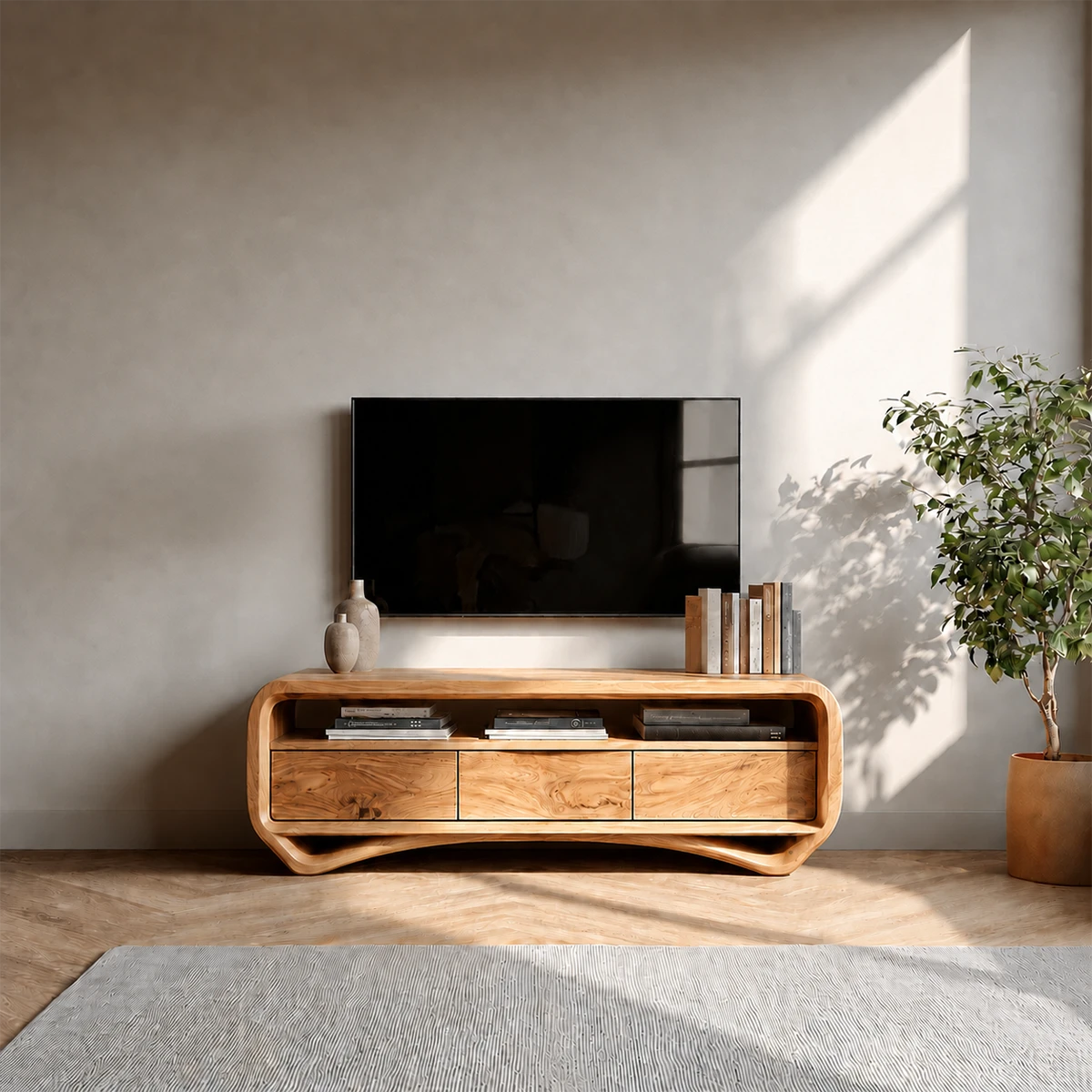 Curved Low Profile TV Stand in Natural Solid Wood with Storage Drawers - ArborisWood - 12