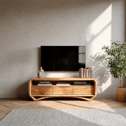 Curved Low Profile TV Stand in Natural Solid Wood with Storage Drawers - ArborisWood - 12