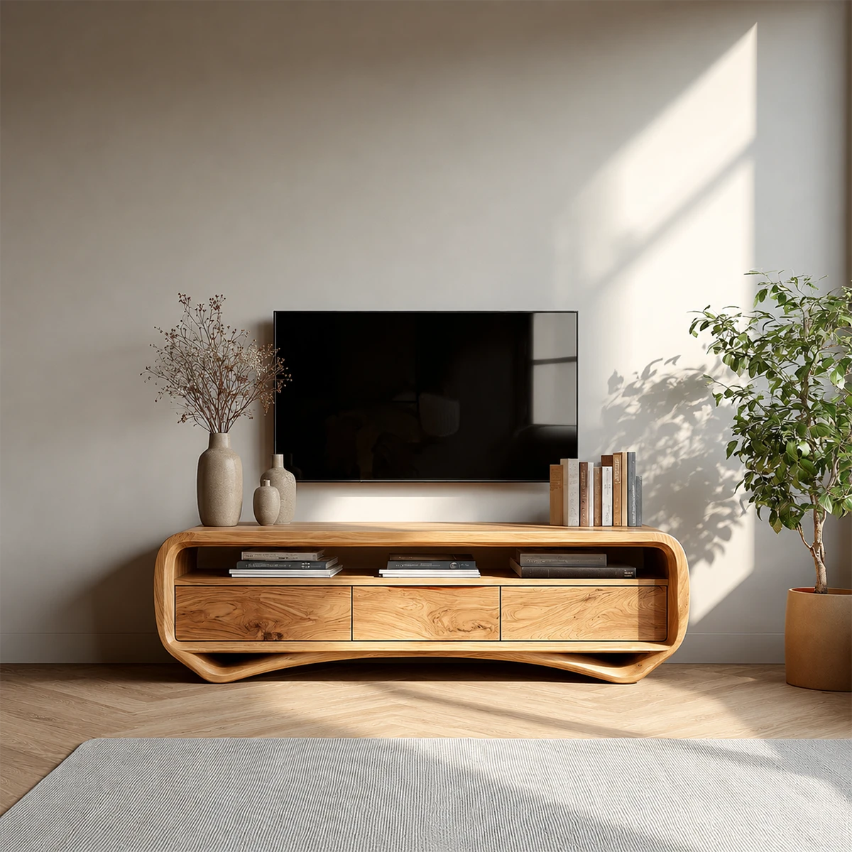 Curved Low Profile TV Stand in Natural Solid Wood with Storage Drawers - ArborisWood - 13