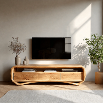 Curved Low Profile TV Stand in Natural Solid Wood with Storage Drawers - ArborisWood - 14