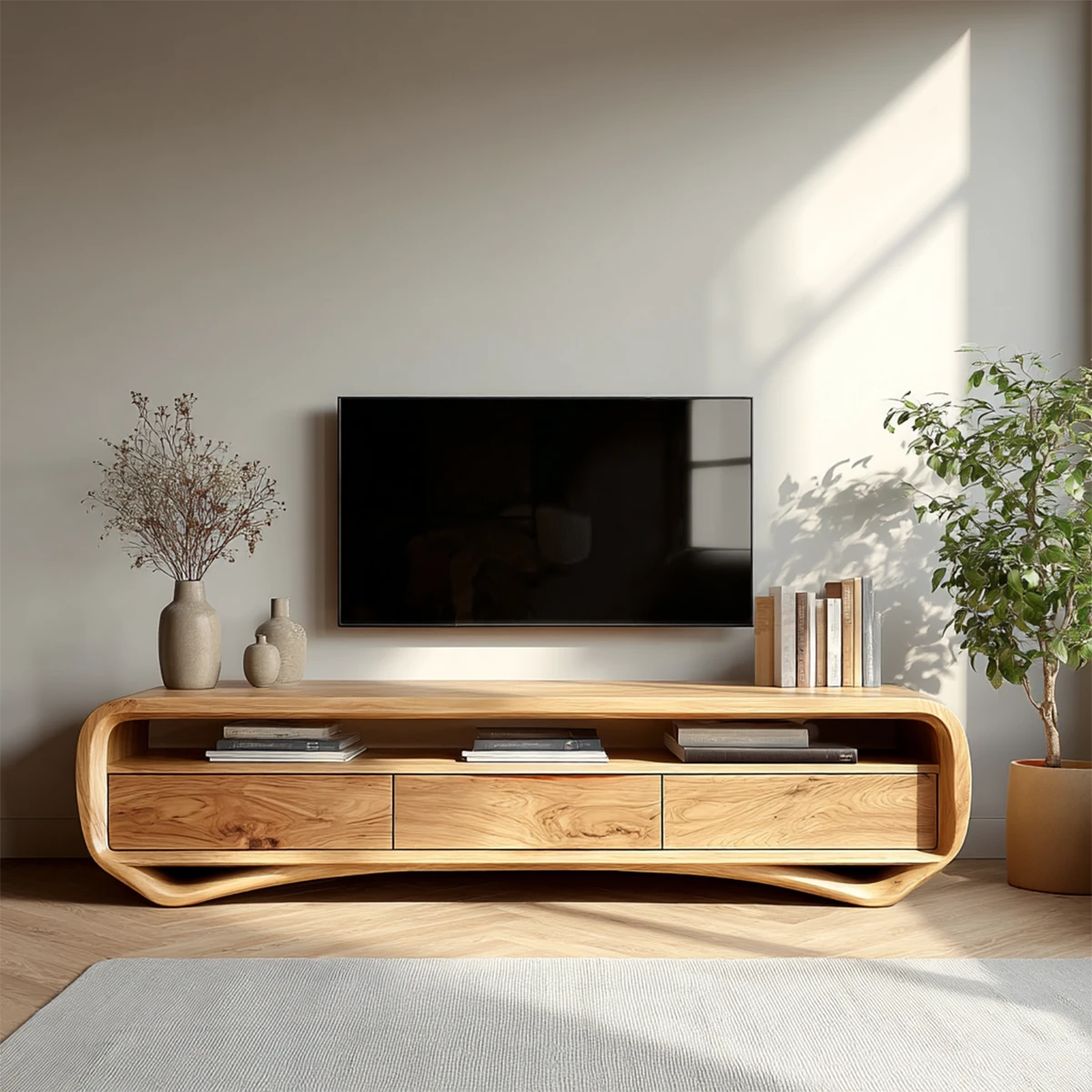 Curved Low Profile TV Stand in Natural Solid Wood with Storage Drawers - ArborisWood - 15
