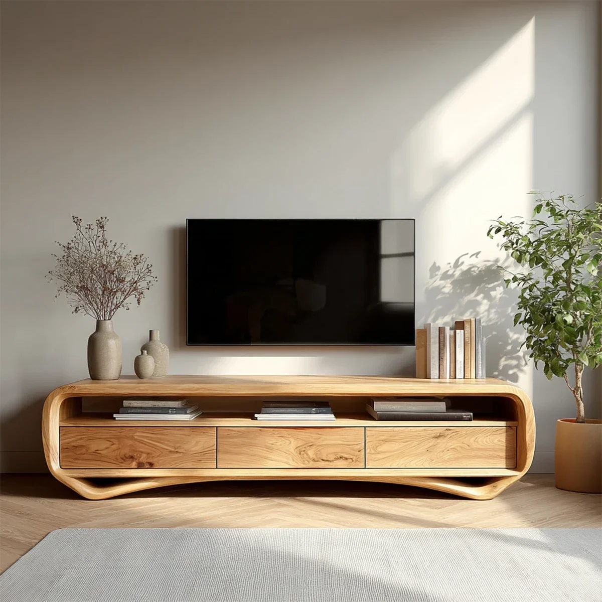 Curved Low Profile TV Stand in Natural Solid Wood with Storage Drawers - Arboriswood - 15