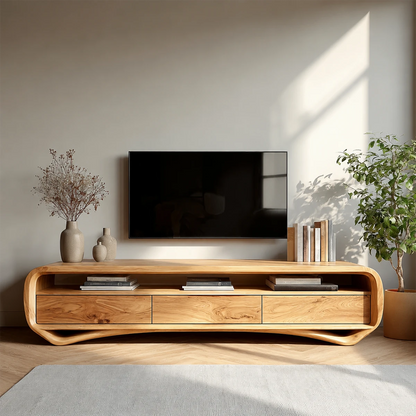 Curved Low Profile TV Stand in Natural Solid Wood with Storage Drawers - ArborisWood - 16