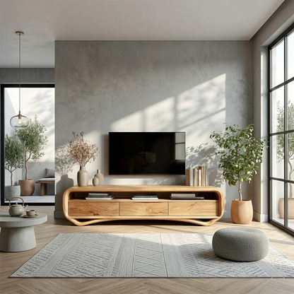 Curved Low Profile TV Stand in Natural Solid Wood with Storage Drawers - ArborisWood - 2