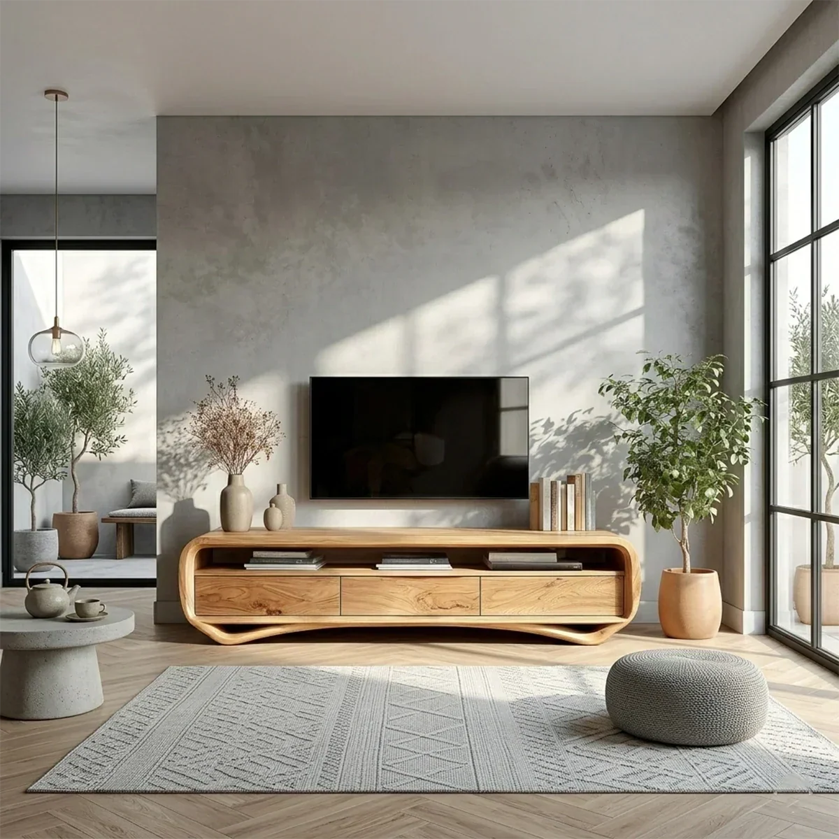 Curved Low Profile TV Stand in Natural Solid Wood with Storage Drawers - Arboriswood - 2