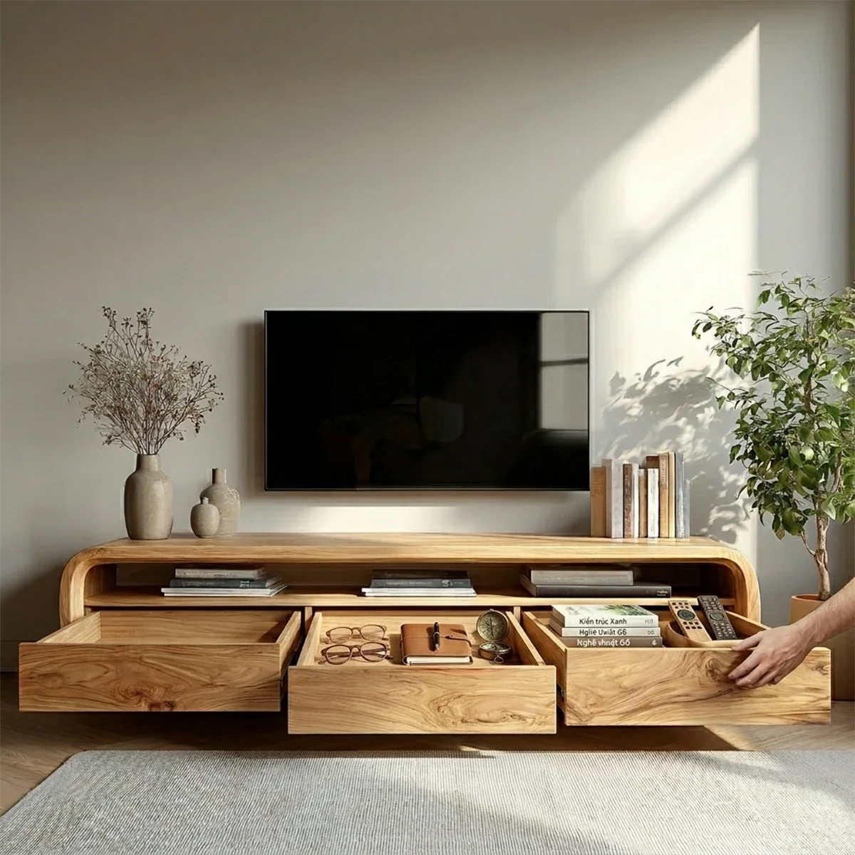 Curved Low Profile TV Stand in Natural Solid Wood with Storage Drawers - ArborisWood - 3