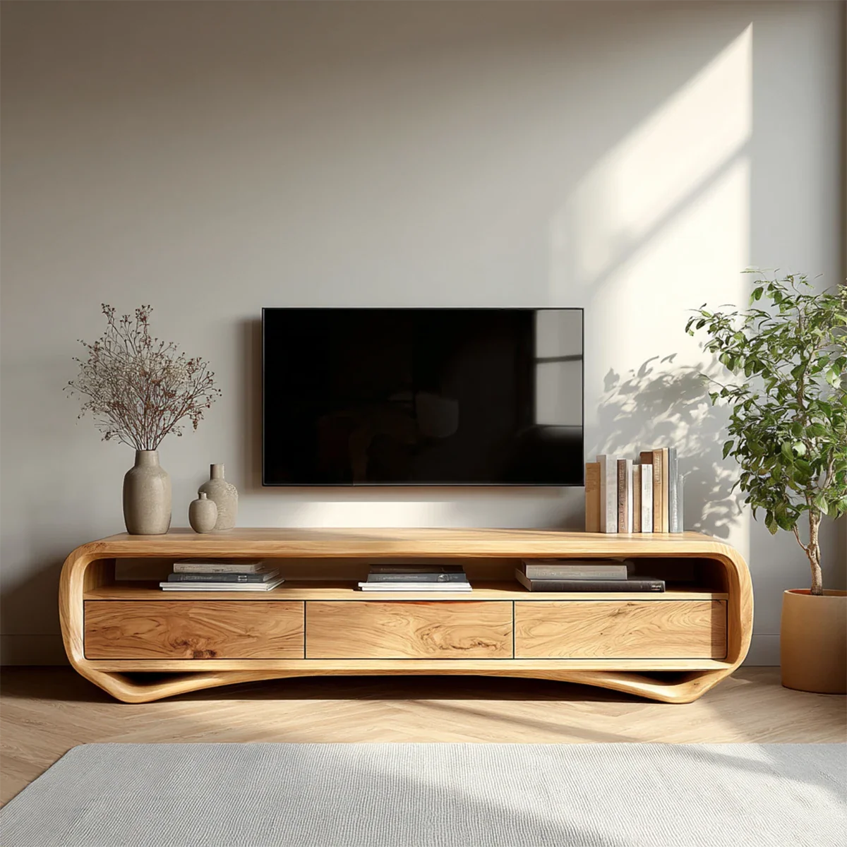 Curved Low Profile TV Stand in Natural Solid Wood with Storage Drawers - ArborisWood