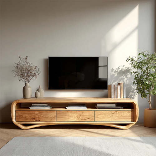 Curved Low Profile TV Stand in Natural Solid Wood with Storage Drawers - ArborisWood