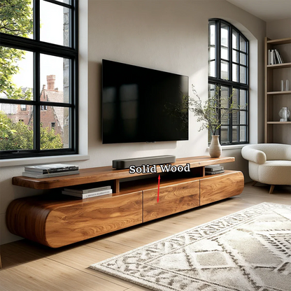 Curved Low Profile TV Stand with Sliding Doors in Natural Solid Wood - ArborisWood - 10