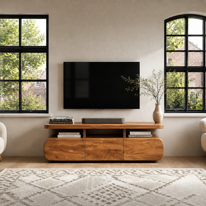 Curved Low Profile TV Stand with Sliding Doors in Natural Solid Wood - ArborisWood - 12