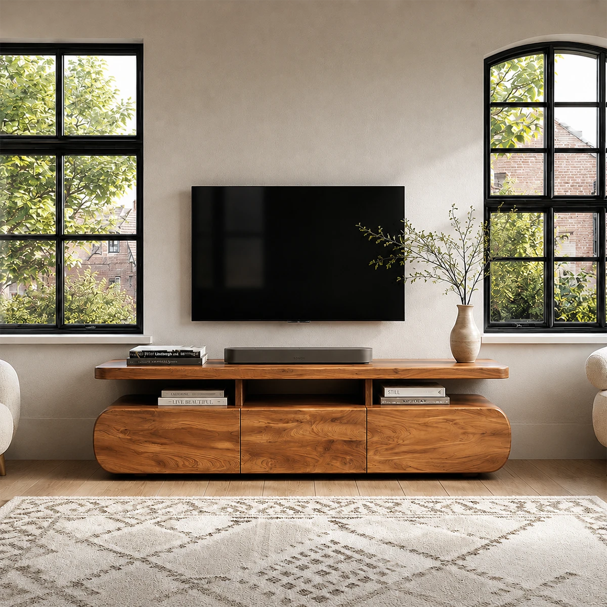 Curved Low Profile TV Stand with Sliding Doors in Natural Solid Wood - ArborisWood - 13