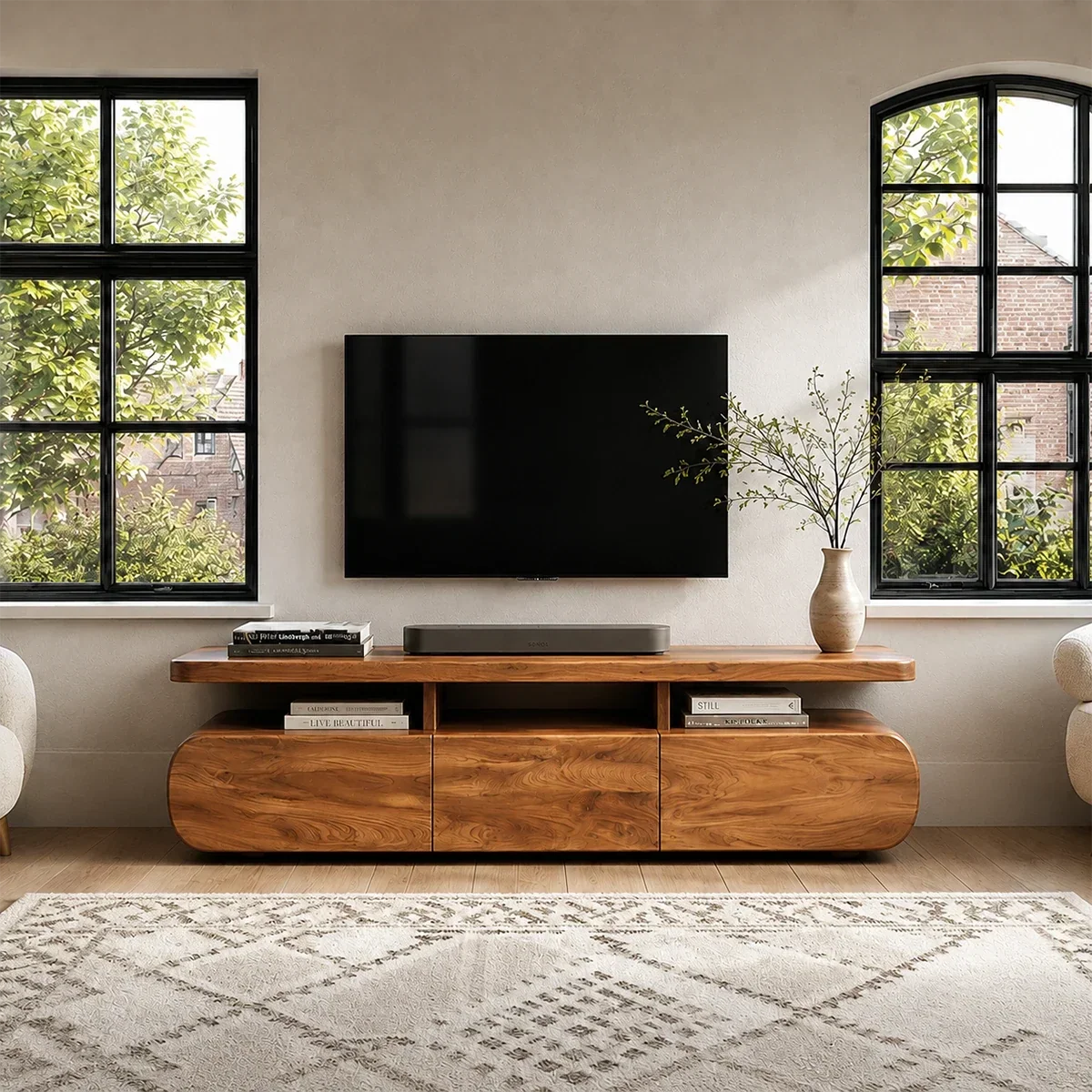 Curved Low Profile TV Stand with Sliding Doors in Natural Solid Wood - Arboriswood - 13