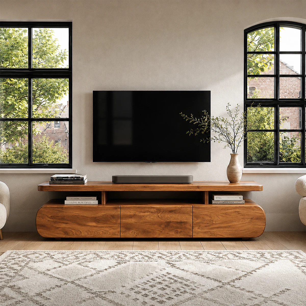 Curved Low Profile TV Stand with Sliding Doors in Natural Solid Wood - ArborisWood - 14