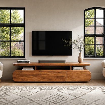Curved Low Profile TV Stand with Sliding Doors in Natural Solid Wood - ArborisWood - 14