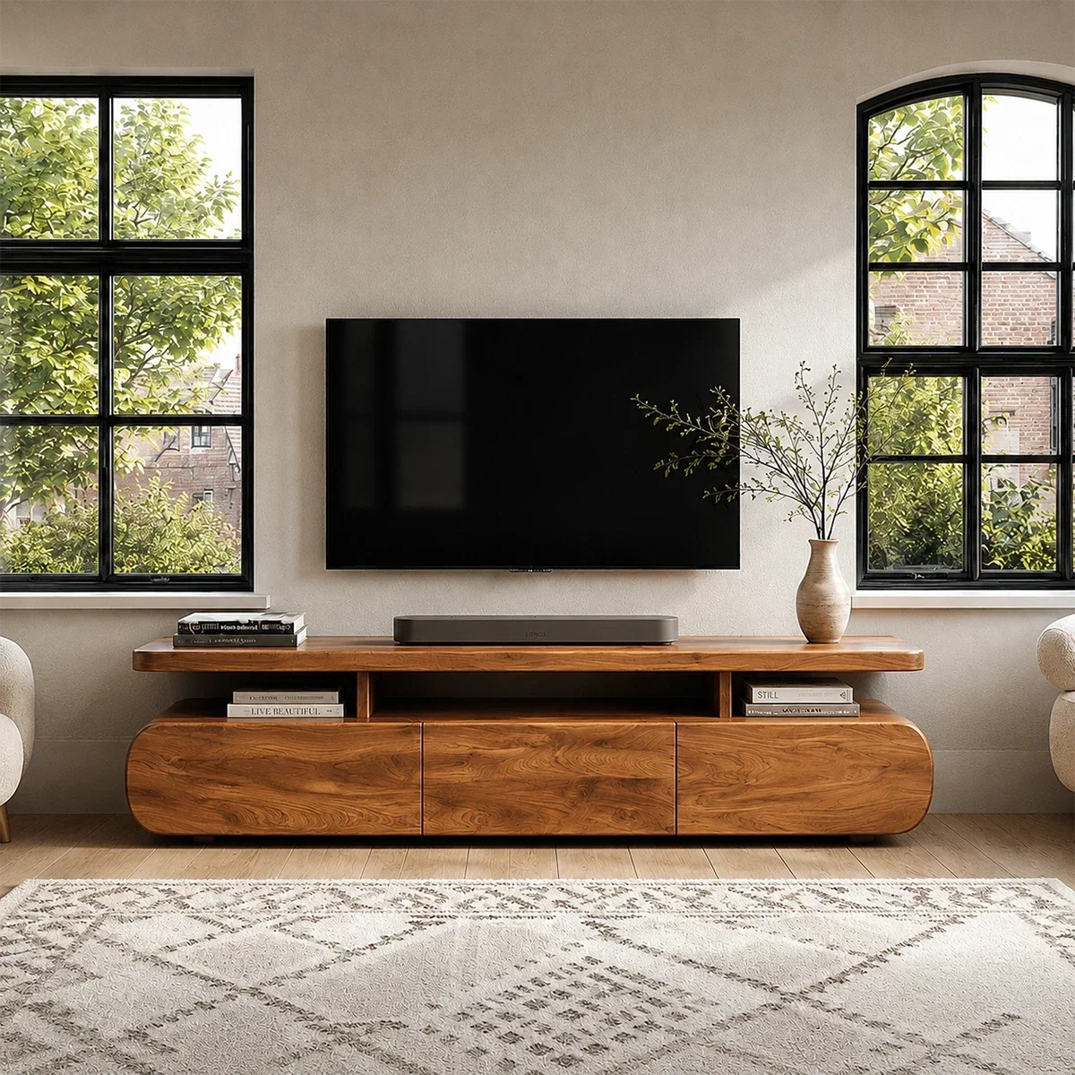 Curved Low Profile TV Stand with Sliding Doors in Natural Solid Wood - Arboriswood - 14