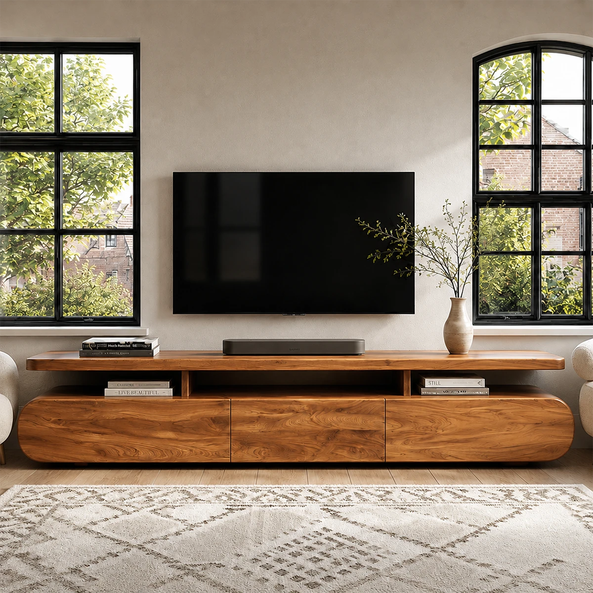 Curved Low Profile TV Stand with Sliding Doors in Natural Solid Wood - ArborisWood - 15