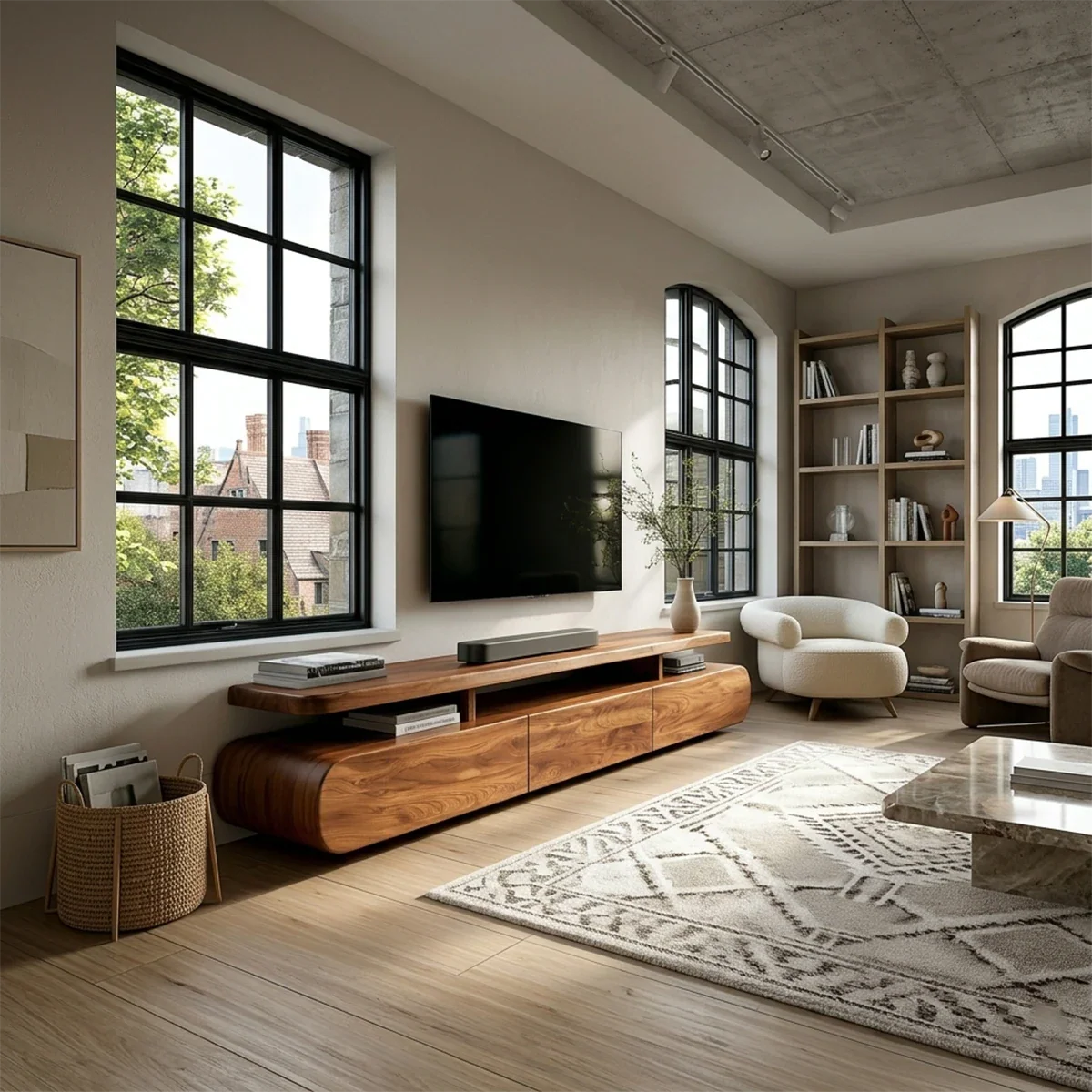 Curved Low Profile TV Stand with Sliding Doors in Natural Solid Wood - ArborisWood - 2