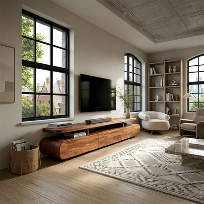 Curved Low Profile TV Stand with Sliding Doors in Natural Solid Wood - ArborisWood - 2