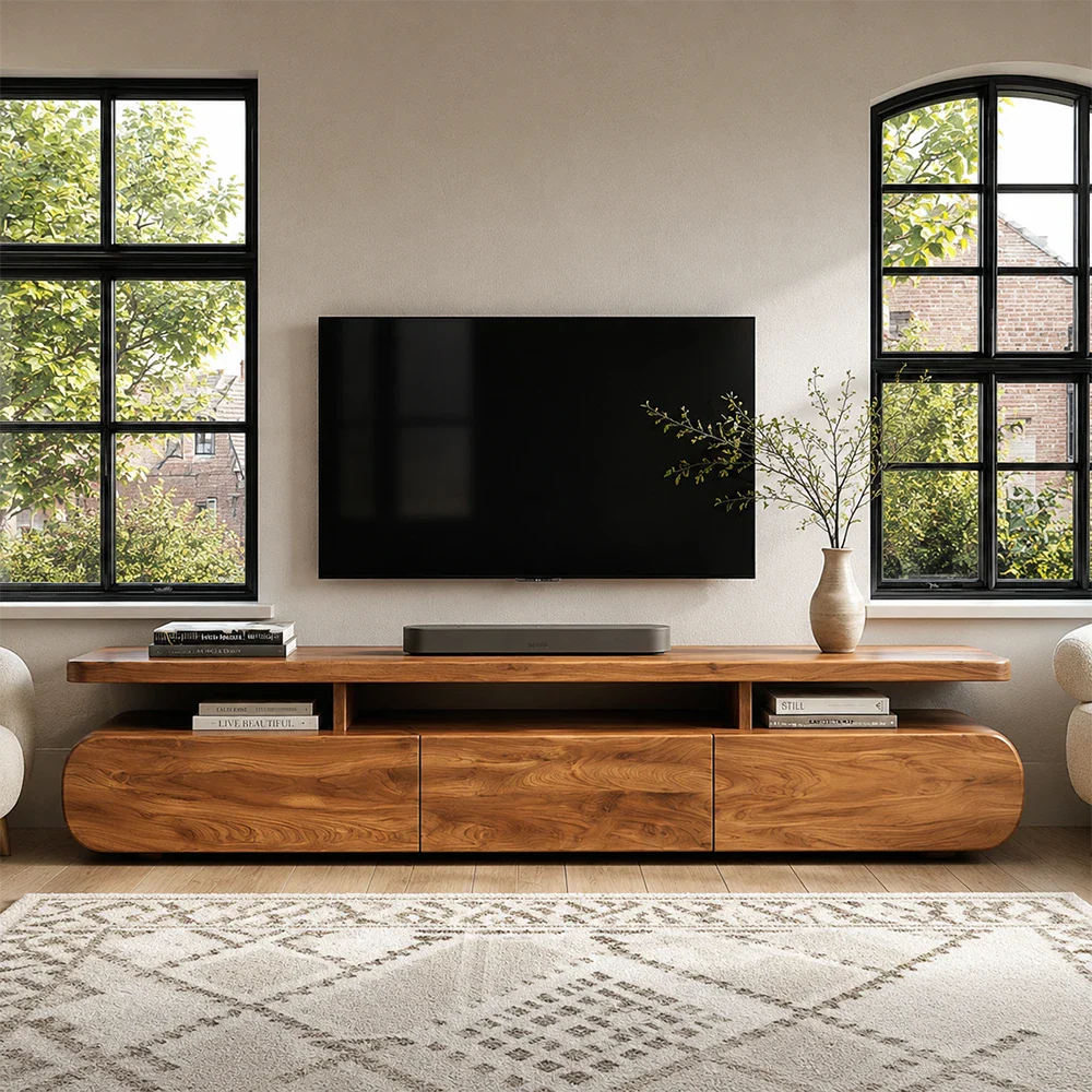 Curved Low Profile TV Stand with Sliding Doors in Natural Solid Wood - ArborisWood - 3