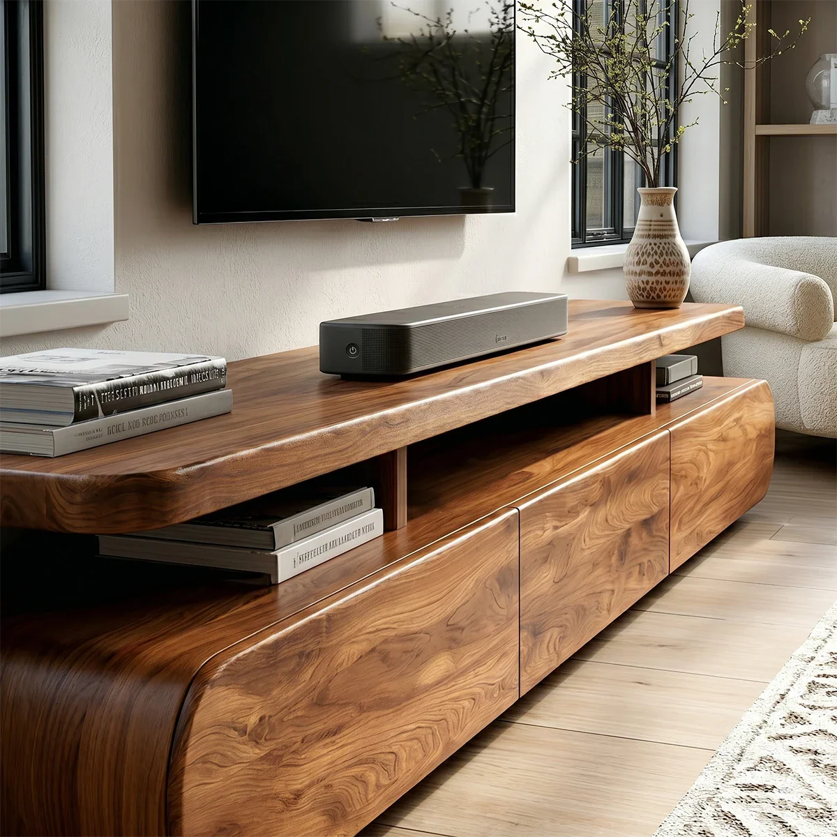 Curved Low Profile TV Stand with Sliding Doors in Natural Solid Wood - ArborisWood - 4