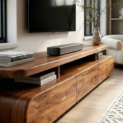 Curved Low Profile TV Stand with Sliding Doors in Natural Solid Wood - ArborisWood - 4