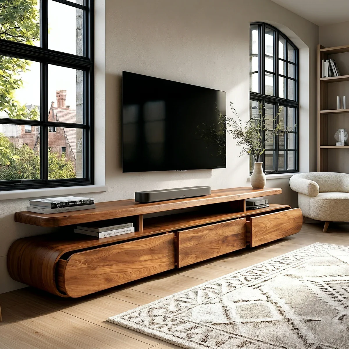 Curved Low Profile TV Stand with Sliding Doors in Natural Solid Wood - ArborisWood - 5
