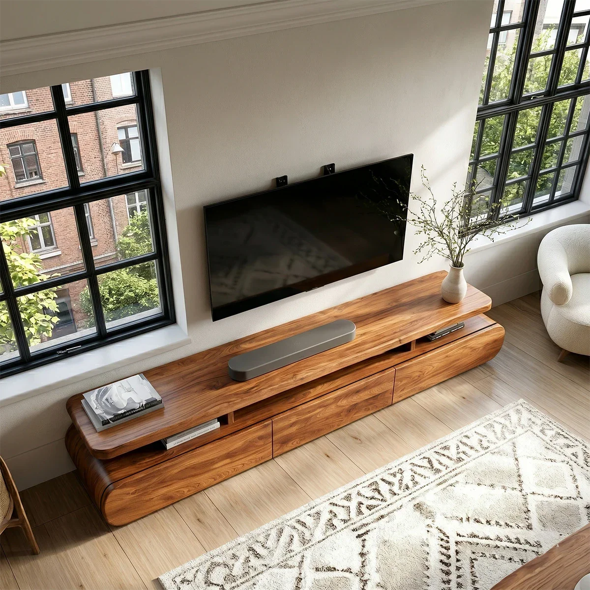 Curved Low Profile TV Stand with Sliding Doors in Natural Solid Wood - ArborisWood - 6