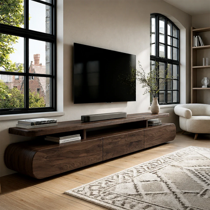 Curved Low Profile TV Stand with Sliding Doors in Natural Solid Wood - ArborisWood - 7