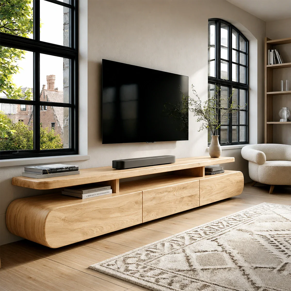 Curved Low Profile TV Stand with Sliding Doors in Natural Solid Wood - ArborisWood - 8