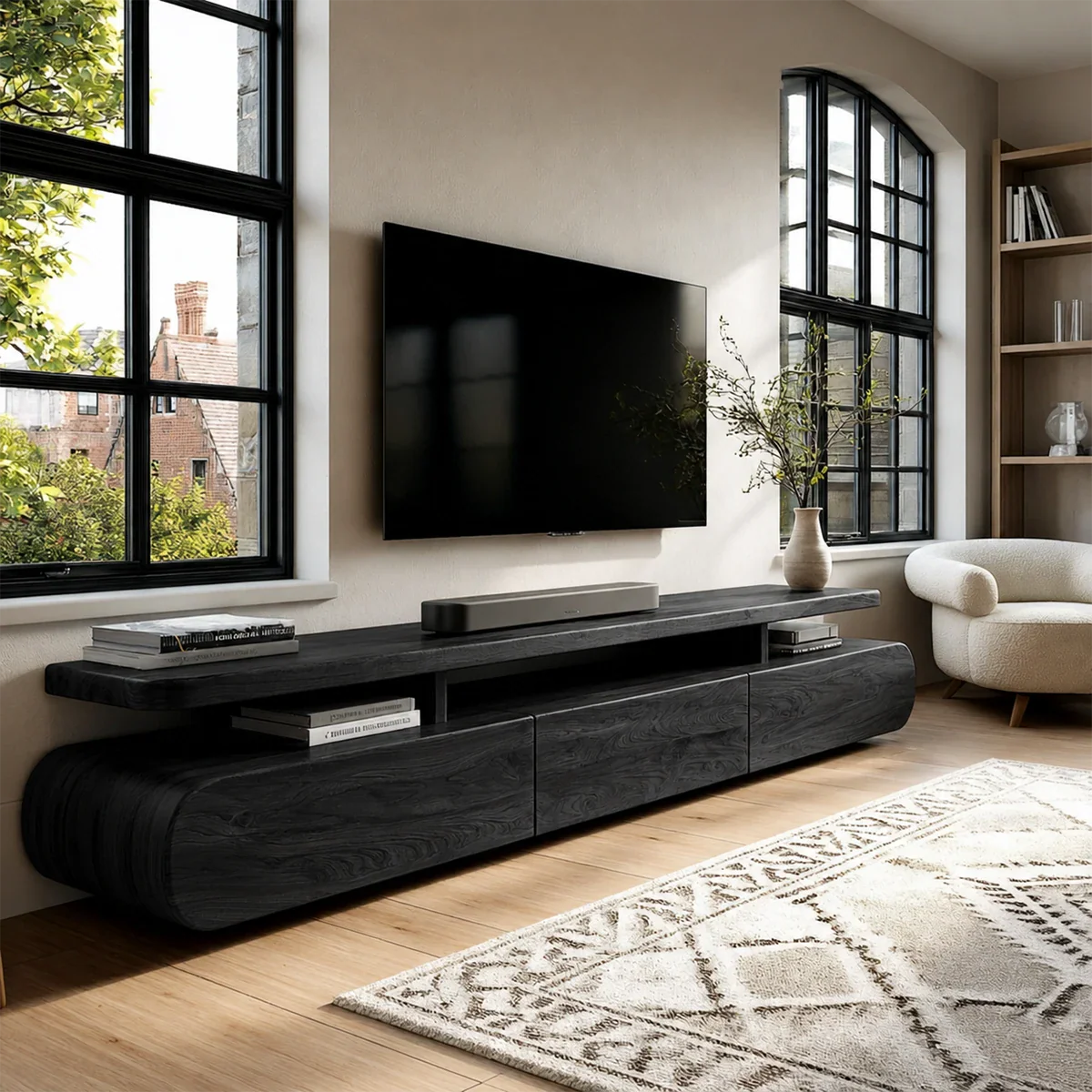 Curved Low Profile TV Stand with Sliding Doors in Natural Solid Wood - ArborisWood - 9