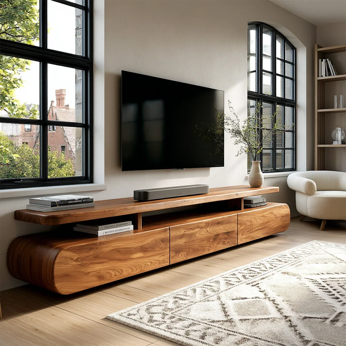 Curved Low Profile TV Stand with Sliding Doors in Natural Solid Wood - ArborisWood