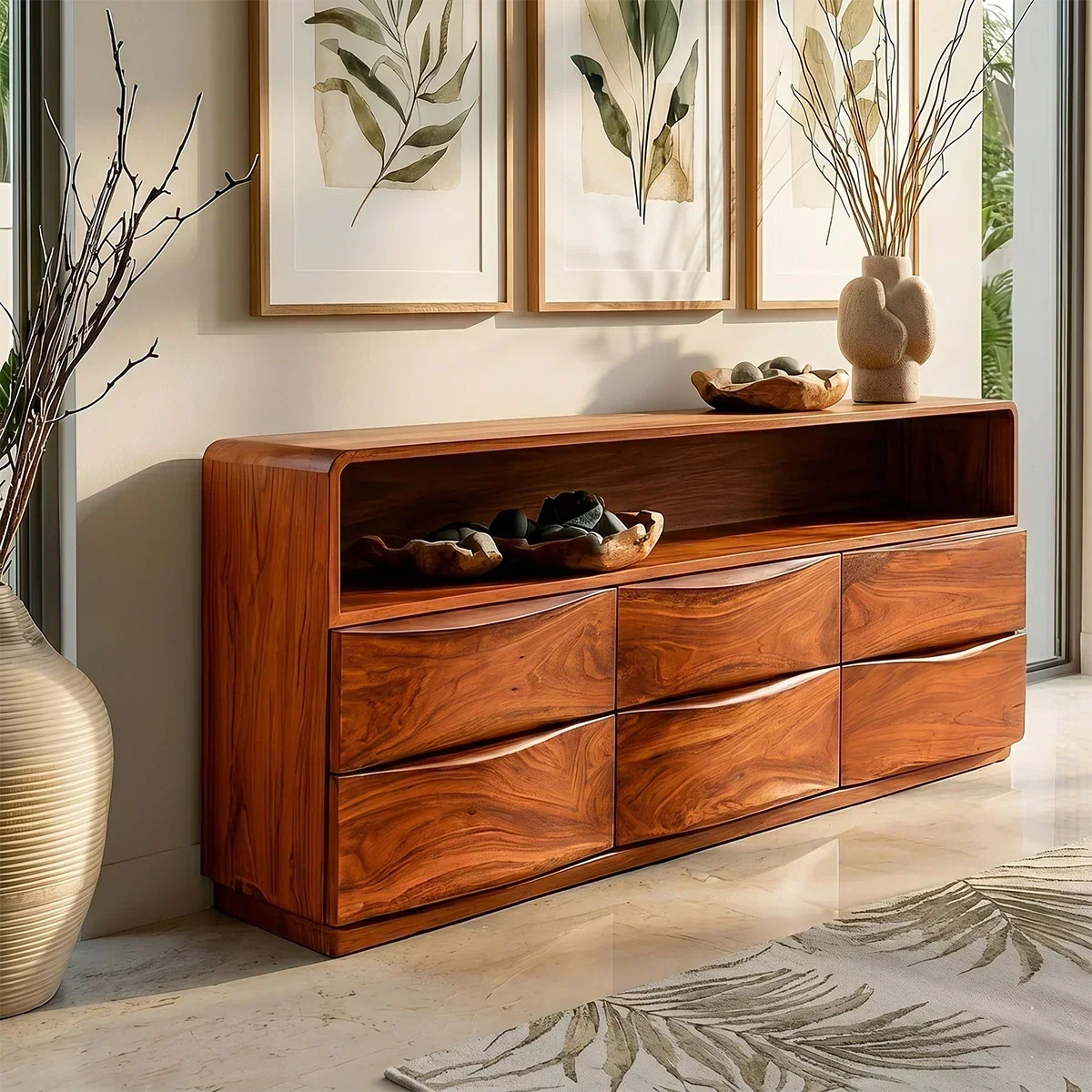 Curved Modern Sideboard in Natural Solid Wood with Open Shelf Storage - ArborisWood - 4