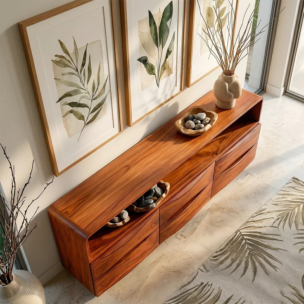Curved Modern Sideboard in Natural Solid Wood with Open Shelf Storage - ArborisWood - 6