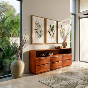 Curved Modern Sideboard in Natural Solid Wood with Open Shelf Storage - ArborisWood