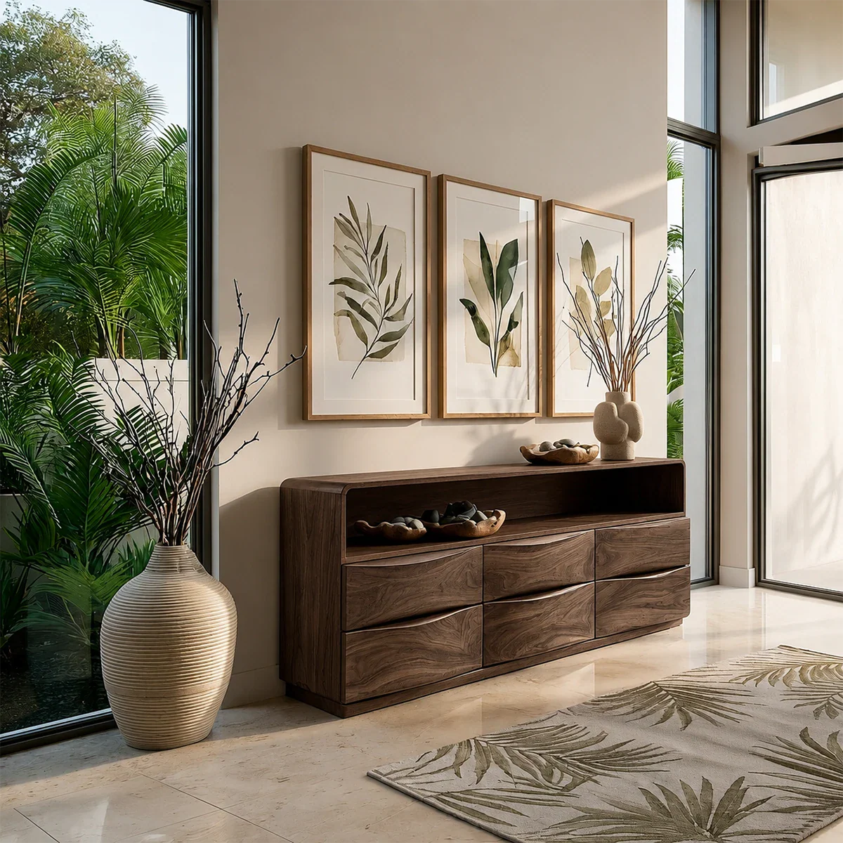 Modern storage console featuring rounded edges and functional drawer compartments