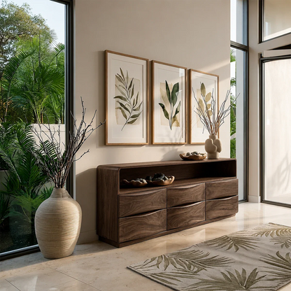 Modern storage console featuring rounded edges and functional drawer compartments