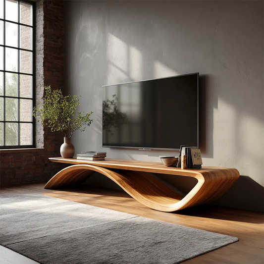 Curved TV stand with wave design and natural wood finish for modern minimalist living room