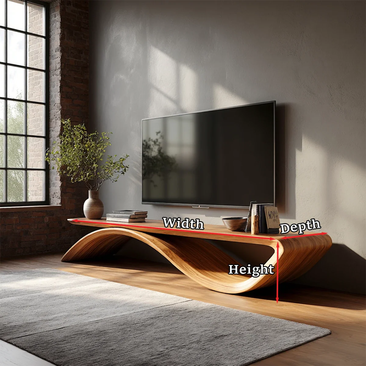 Unique TV stand with organic curved shape and natural wood finish for modern homes