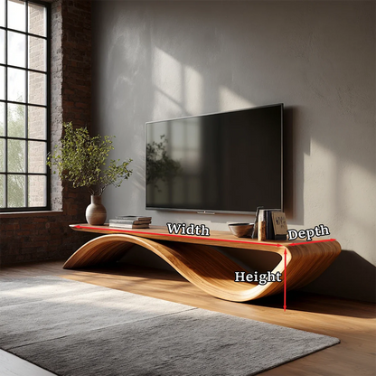 Unique TV stand with organic curved shape and natural wood finish for modern homes
