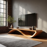 Curved TV stand with wave design and natural wood finish for modern minimalist living room