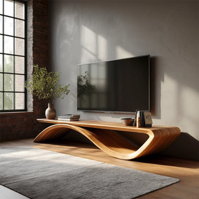 Curved TV stand with wave design and natural wood finish for modern minimalist living room