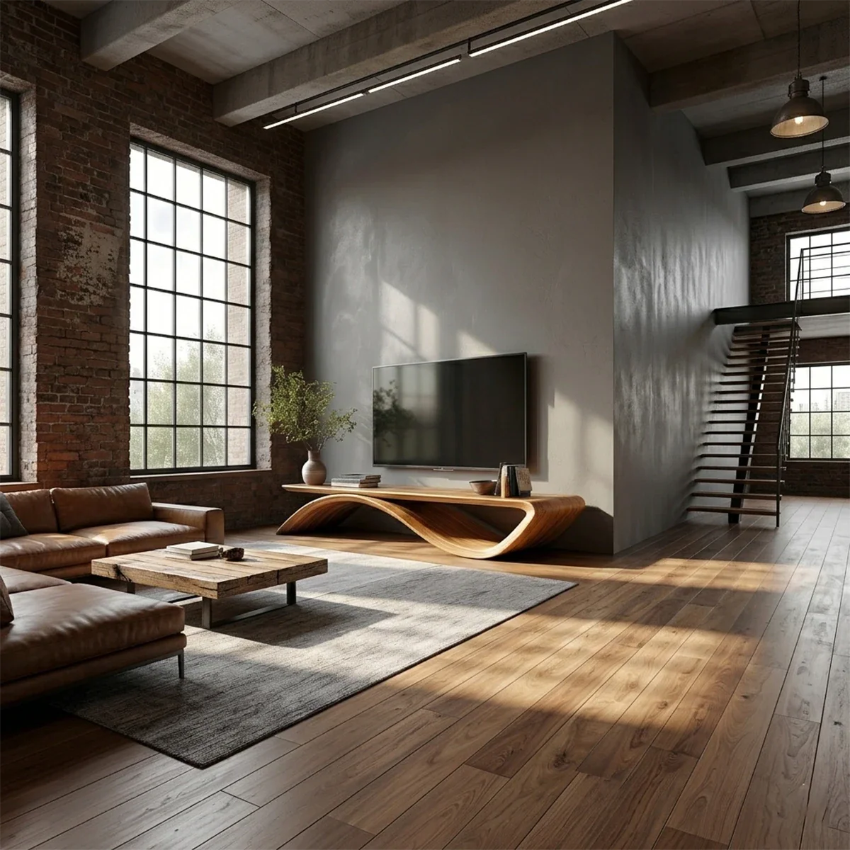 Modern media console featuring sculptural wave base and natural wood look in bright space