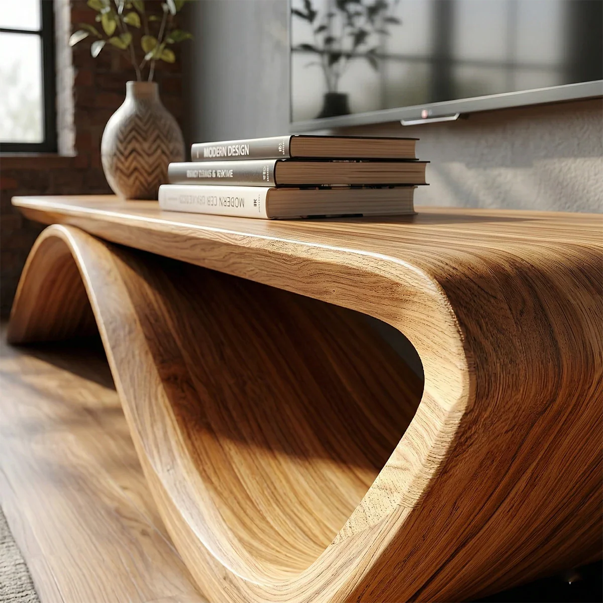 Low profile TV stand with flowing curved form and natural wood texture for stylish interiors