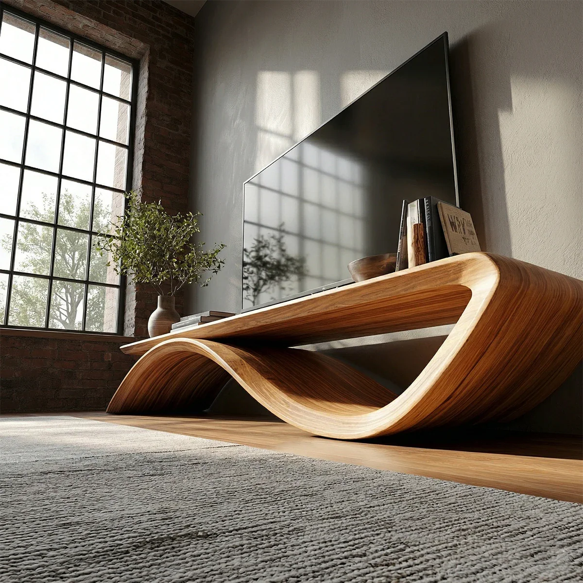Contemporary entertainment unit with wave silhouette and open storage for modern homes