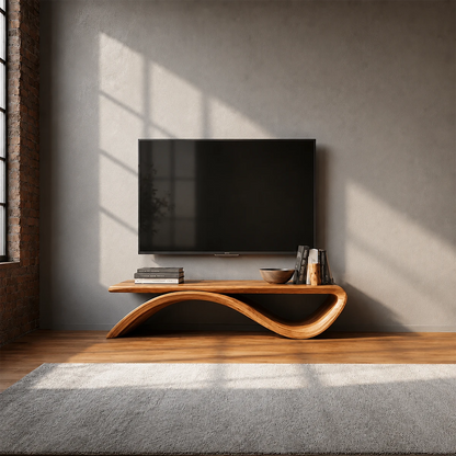 Sculptural Wave Natural Solid Wood TV Stand with Open Base Design