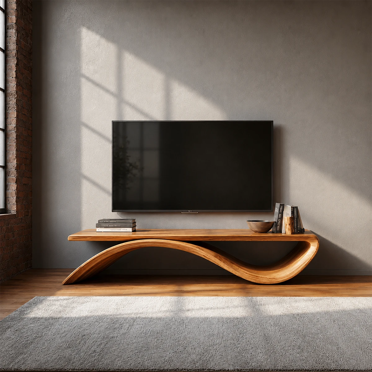 Sculptural Wave Natural Solid Wood TV Stand with Open Base Design