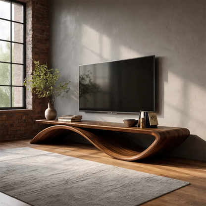 Wave design media cabinet with sleek low profile and natural wood finish for living rooms