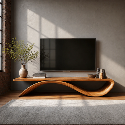 Sculptural Wave Natural Solid Wood TV Stand with Open Base Design