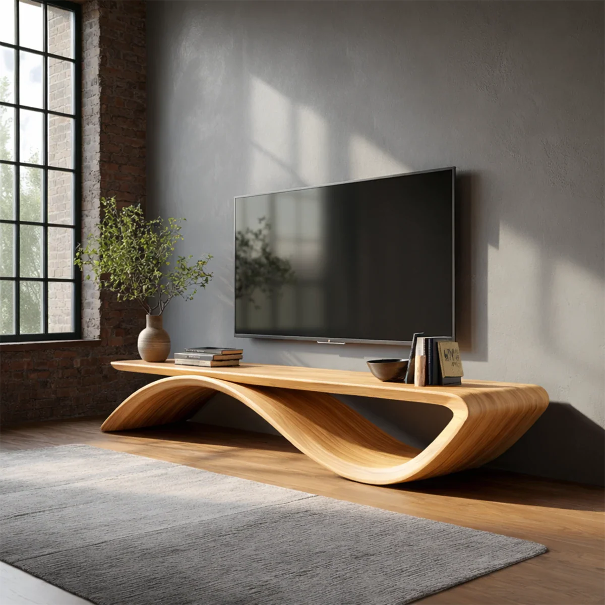 Artistic TV stand with fluid curves and natural wood look for contemporary home décor