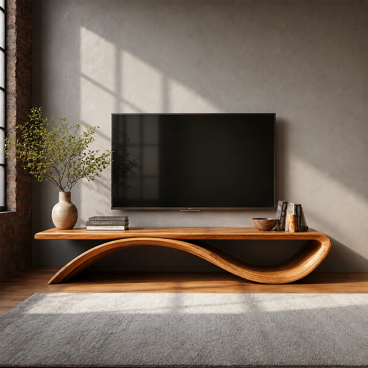 Sculptural Wave Natural Solid Wood TV Stand with Open Base Design